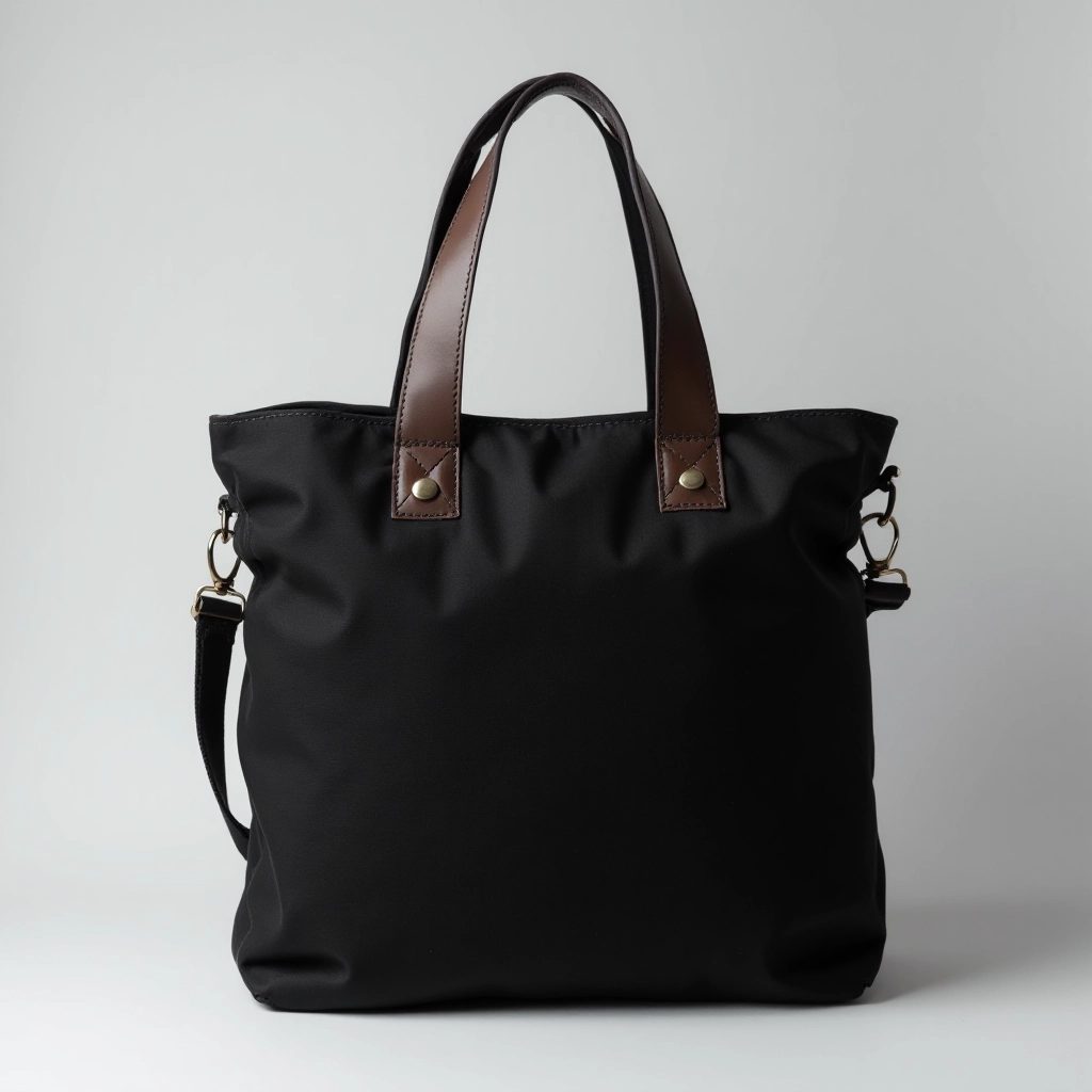 Black compact canvas shoulder bag with leather trim, product photography