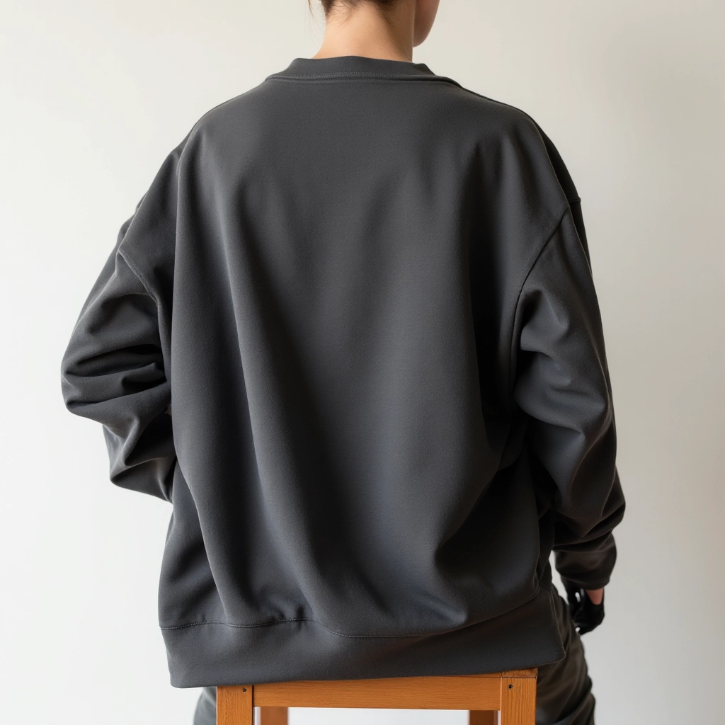 Charcoal sweatshirt draped over wooden chair showing relaxed fabric drape and sleeve detail with natural soft texture