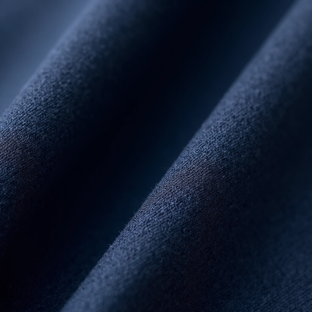 Close-up detail of navy chino fabric texture and weave, showing cotton twill quality and slight sheen under natural lighting