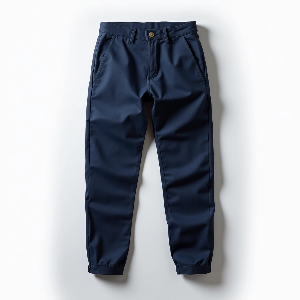Flat lay of navy chino trousers showing full length, folded neatly with size tags visible, on neutral background