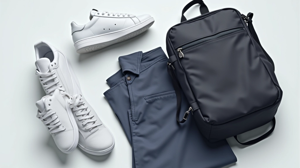 Flat lay of casual outfit pieces arranged on neutral background showing styling options