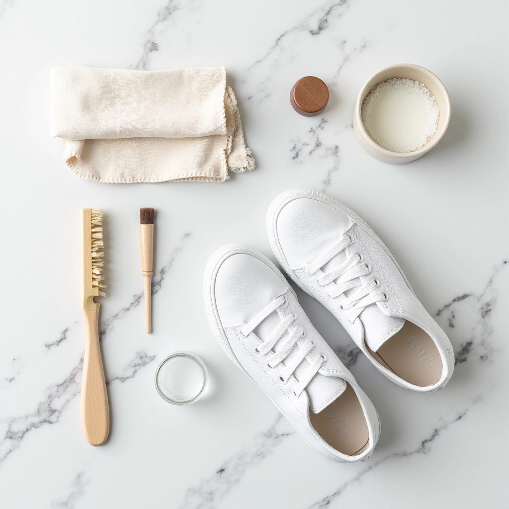 Sneaker care products and cleaning materials arranged on clean white surface