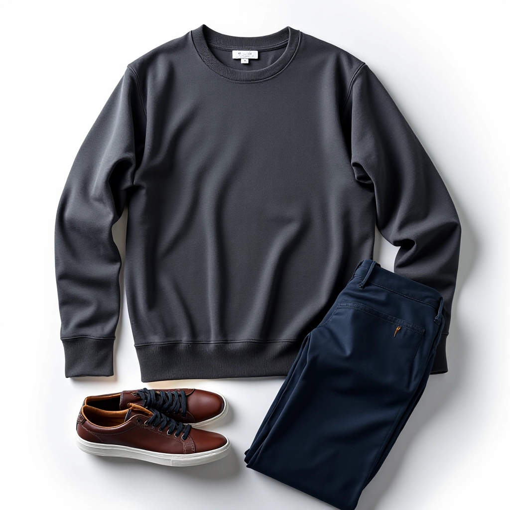Styled flat lay with charcoal sweatshirt worn solo with dark navy chinos and leather sneakers on white background