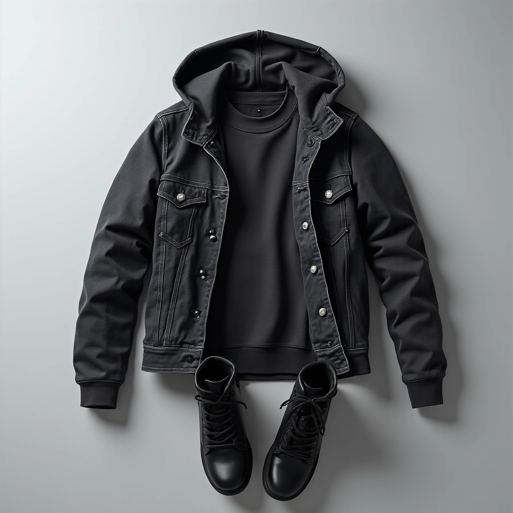 Styled outfit flat lay with charcoal sweatshirt under open denim jacket with black jeans and boots on grey backdrop