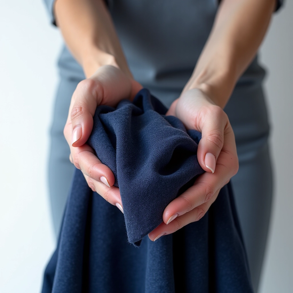 Hands gently washing navy fabric in water with care instructions shown, demonstrating proper chino garment care