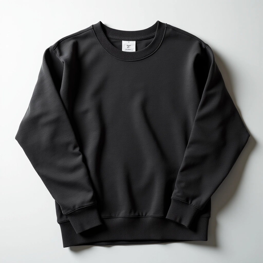 Flat lay overhead view of folded charcoal sweatshirt with size tag visible and measurement tape showing garment dimensions