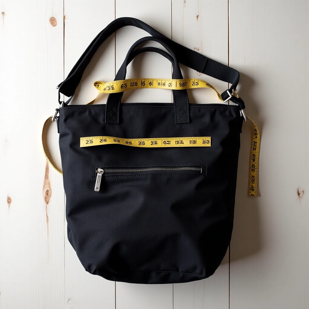 Black canvas bag displayed flat on wooden surface showing all dimensions and strap measurement, overhead view with scale reference